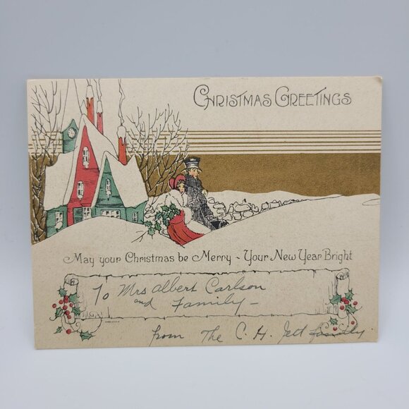 Vintage Christmas Greetings Card 1910 Snowy Scene Holiday Scrapbooking Craft - Picture 1 of 5